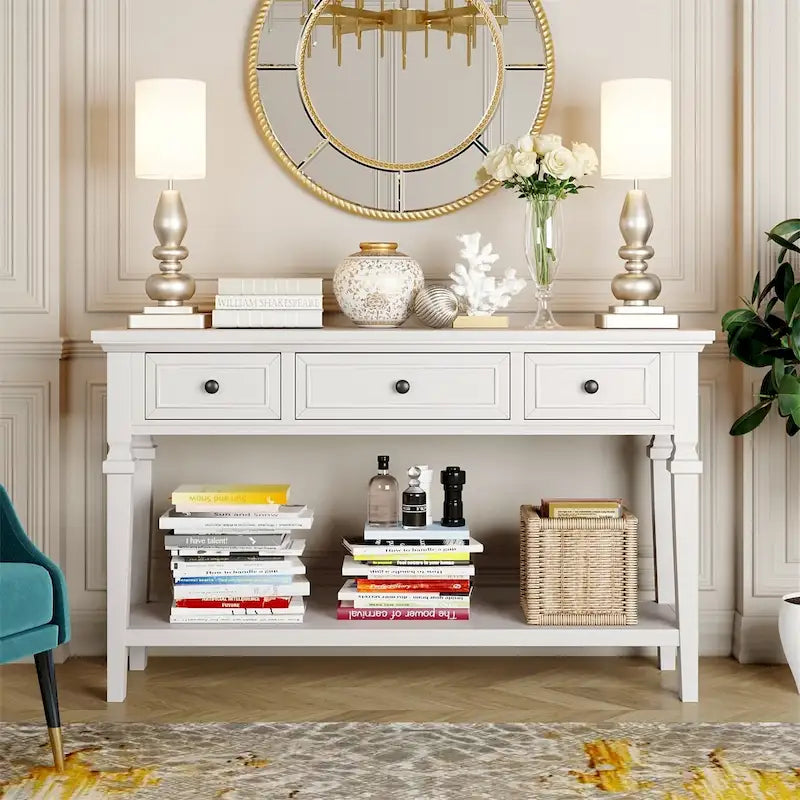 Retro Style Console Table with Three Top Drawers and Bottom Shelf