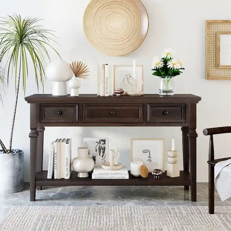 Retro Style Console Table with Three Top Drawers and Bottom Shelf