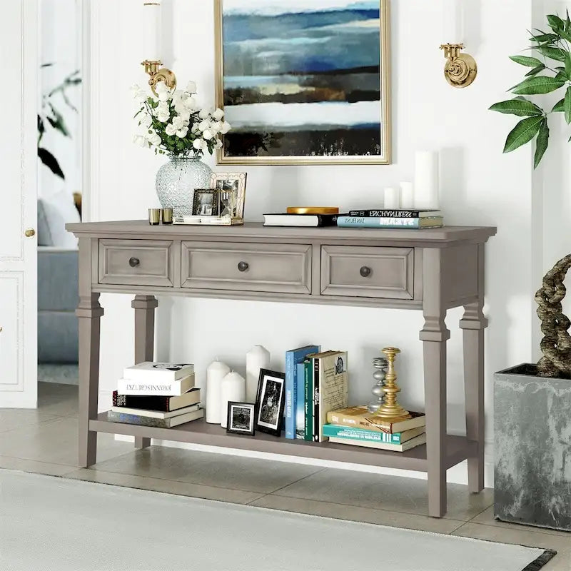 Retro Style Console Table with Three Top Drawers and Bottom Shelf