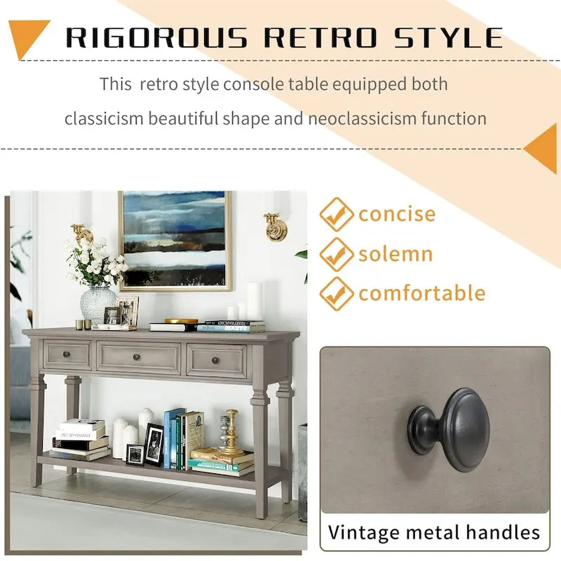 Retro Style Console Table with Three Top Drawers and Bottom Shelf