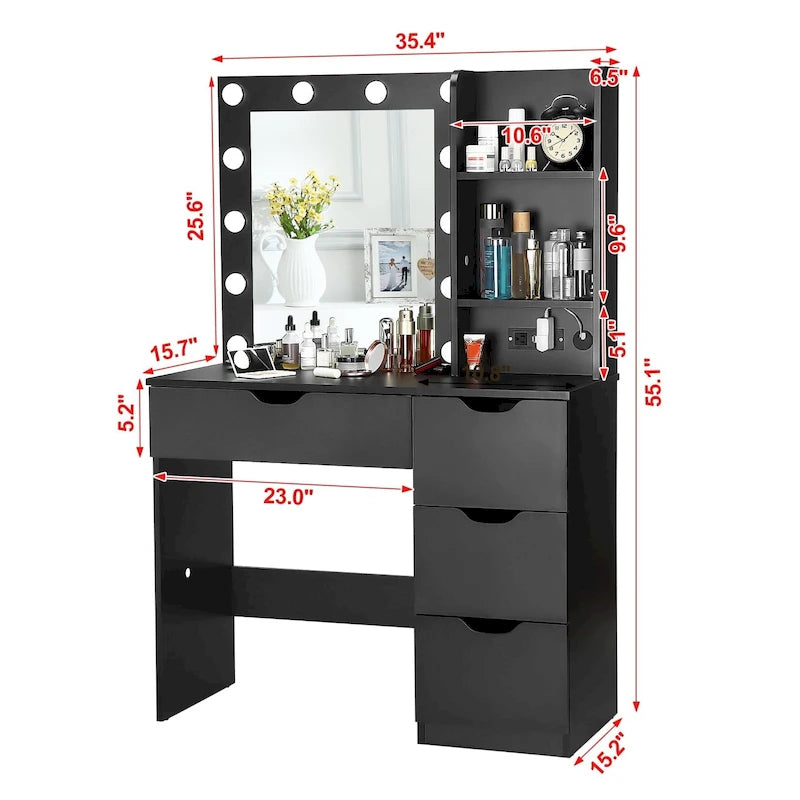 Weißer Schminktisch mit Spiegel und Beleuchtung – 15.2D x 35.4W x 55.1H