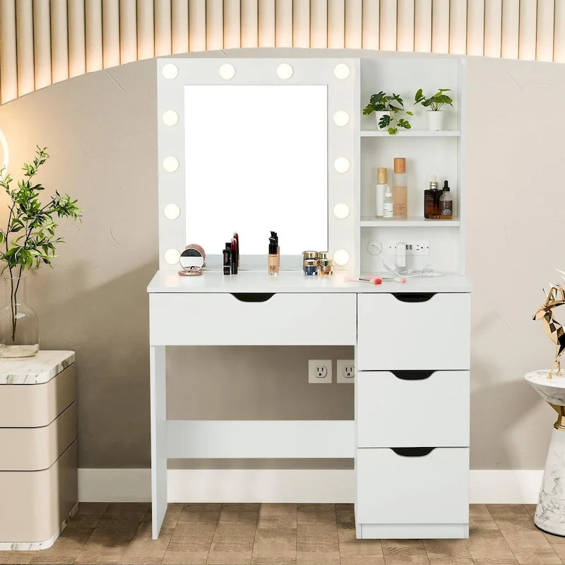 Weißer Schminktisch mit Spiegel und Beleuchtung – 15.2D x 35.4W x 55.1H