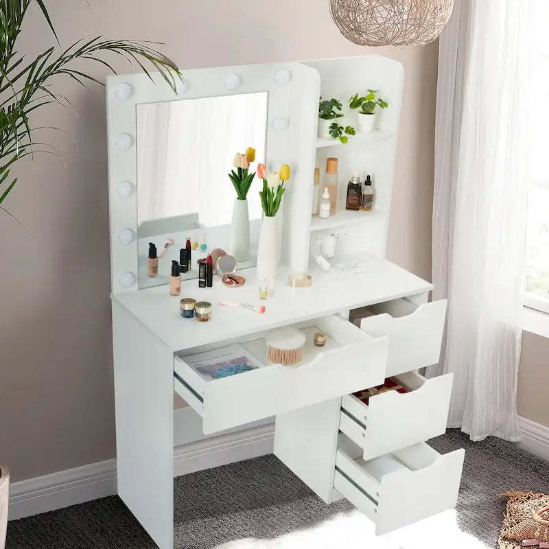 Weißer Schminktisch mit Spiegel und Beleuchtung – 15.2D x 35.4W x 55.1H