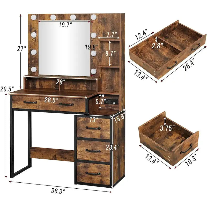 Makeup Vanity Desk 10 Light Bulbs Storage Shelves 5 Drawers