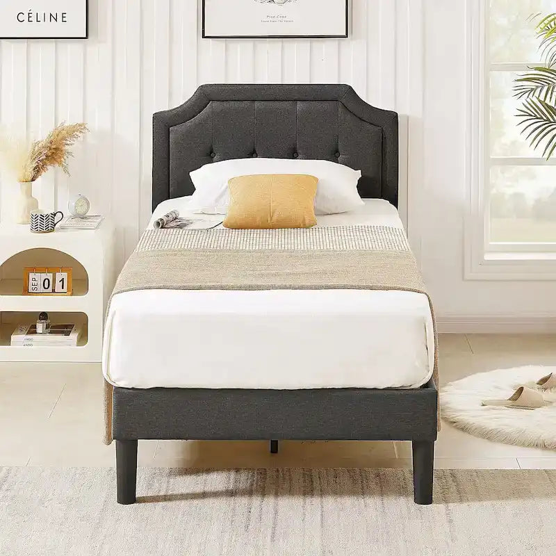 Modern Upholstered Bed Frame with Height Adjustable Headboard, No Box Spring Needed