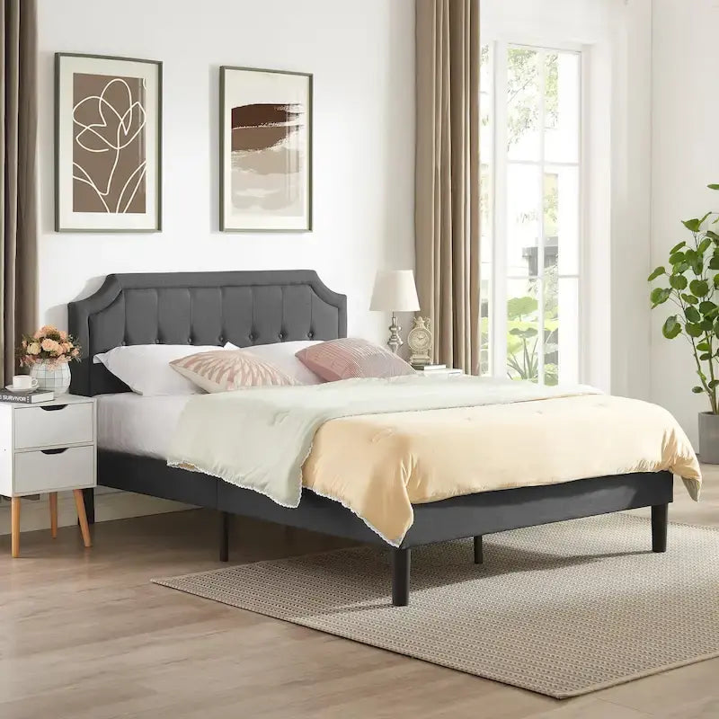 Modern Upholstered Bed Frame with Height Adjustable Headboard, No Box Spring Needed