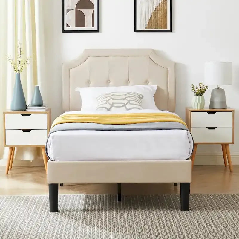 Modern Upholstered Bed Frame with Height Adjustable Headboard, No Box Spring Needed