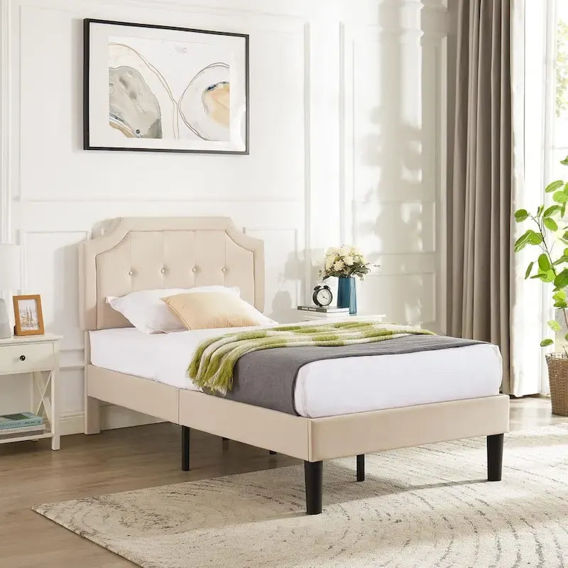 Modern Upholstered Bed Frame with Height Adjustable Headboard, No Box Spring Needed
