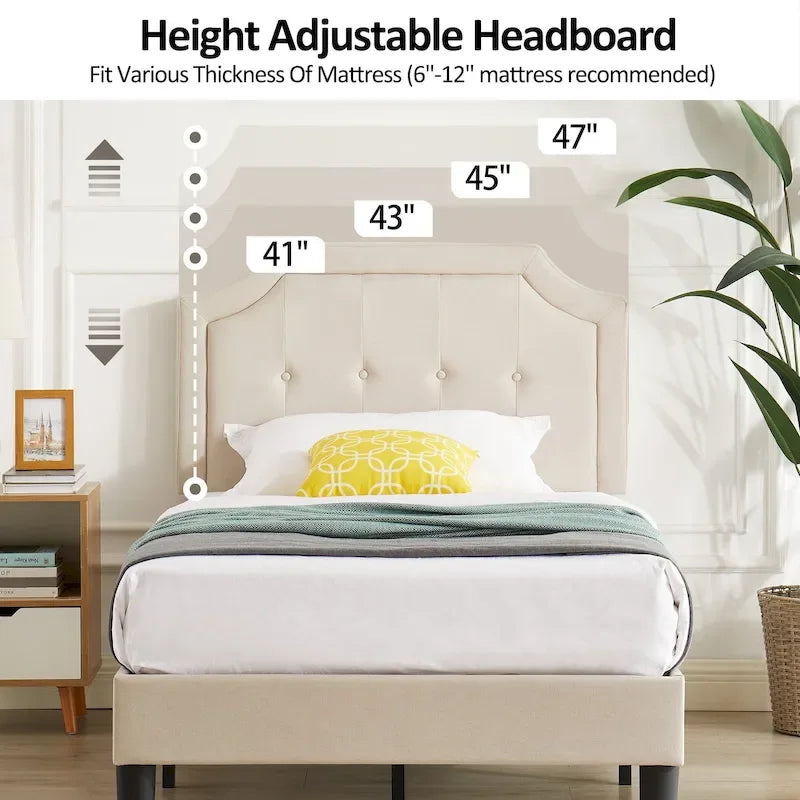Modern Upholstered Bed Frame with Height Adjustable Headboard, No Box Spring Needed