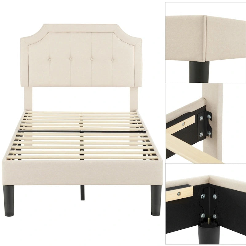Modern Upholstered Bed Frame with Height Adjustable Headboard, No Box Spring Needed