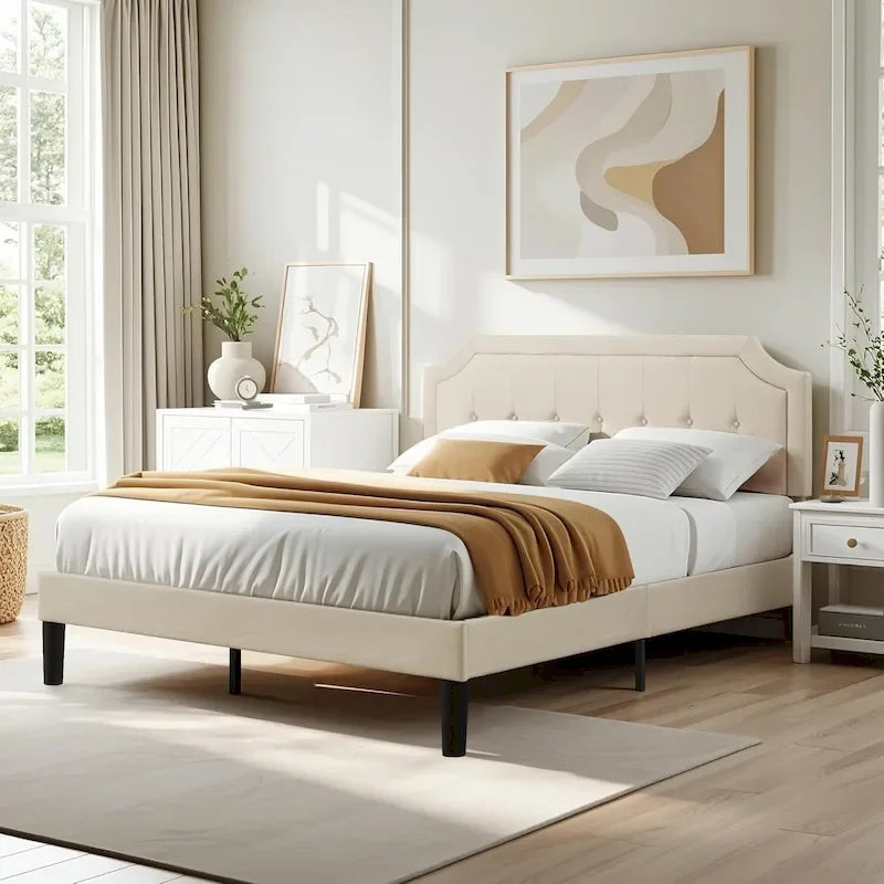 Modern Upholstered Bed Frame with Height Adjustable Headboard, No Box Spring Needed