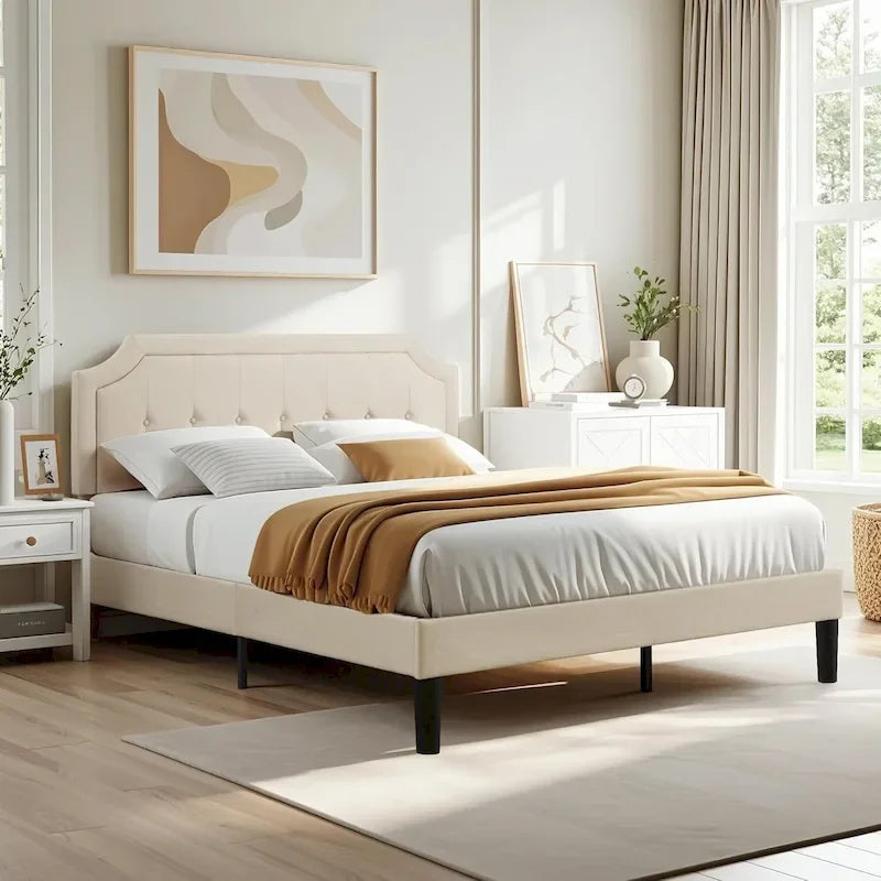 Modern Upholstered Bed Frame with Height Adjustable Headboard, No Box Spring Needed