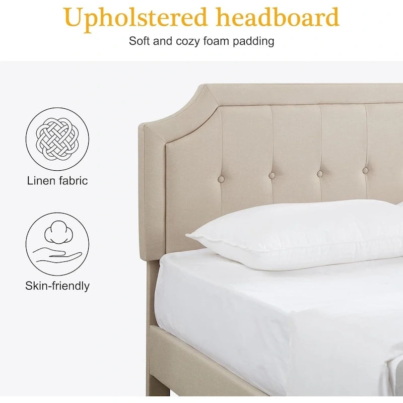 Modern Upholstered Bed Frame with Height Adjustable Headboard, No Box Spring Needed