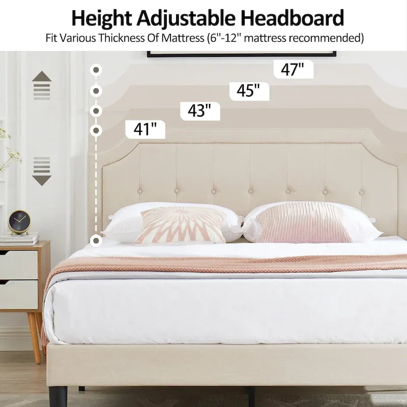 Modern Upholstered Bed Frame with Height Adjustable Headboard, No Box Spring Needed