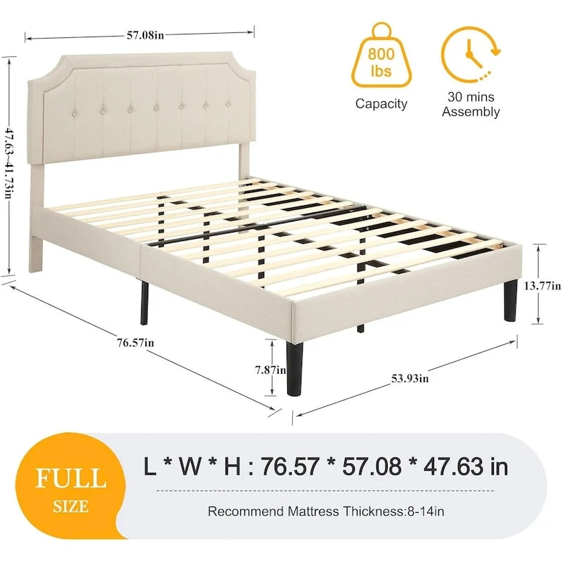 Modern Upholstered Bed Frame with Height Adjustable Headboard, No Box Spring Needed