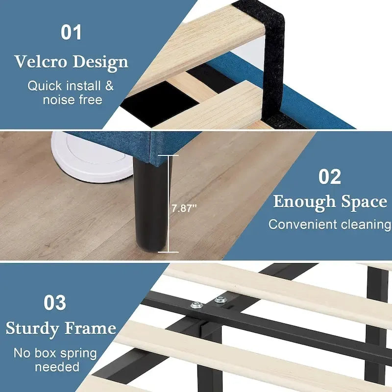 Modern Upholstered Bed Frame with Height Adjustable Headboard, No Box Spring Needed