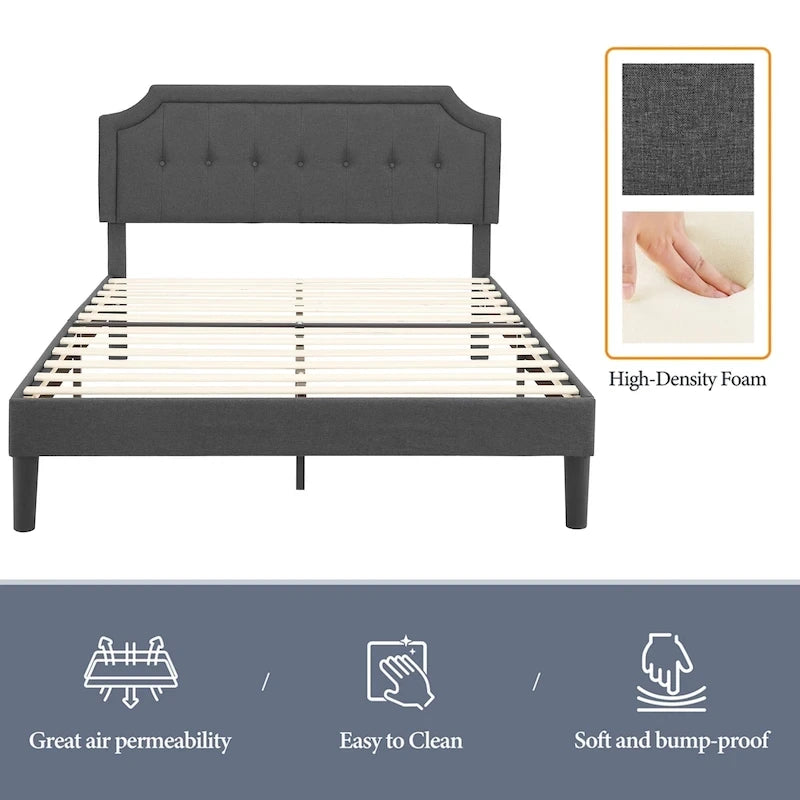 Modern Upholstered Bed Frame with Height Adjustable Headboard, No Box Spring Needed