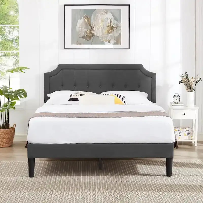 Modern Upholstered Bed Frame with Height Adjustable Headboard, No Box Spring Needed