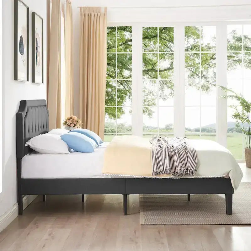 Modern Upholstered Bed Frame with Height Adjustable Headboard, No Box Spring Needed