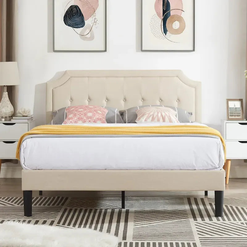 Modern Upholstered Bed Frame with Height Adjustable Headboard, No Box Spring Needed