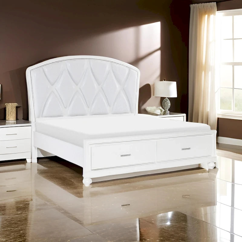 Russ Queen Platform Bed, LED Accents, Silver Faux Leather Upholstery, White