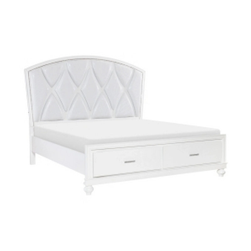 Queen Platform Bed, LED Accents, Silver Faux Leather Upholstery, White
