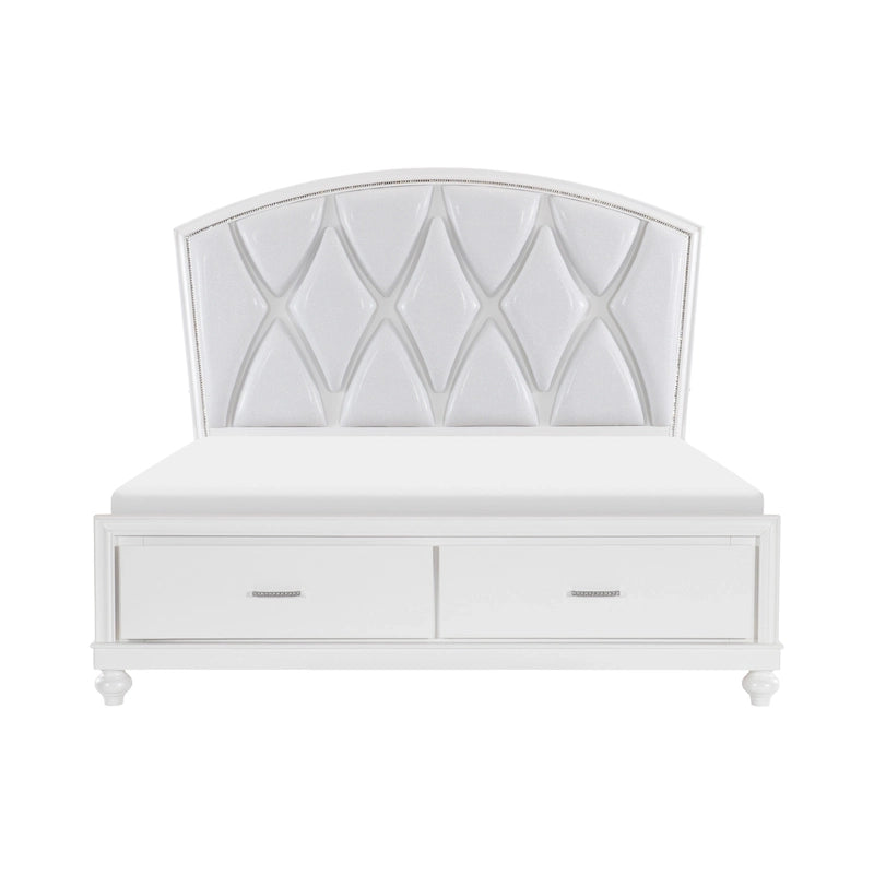 Queen Platform Bed, LED Accents, Silver Faux Leather Upholstery, White