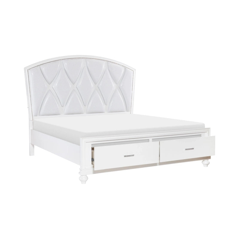 Queen Platform Bed, LED Accents, Silver Faux Leather Upholstery, White