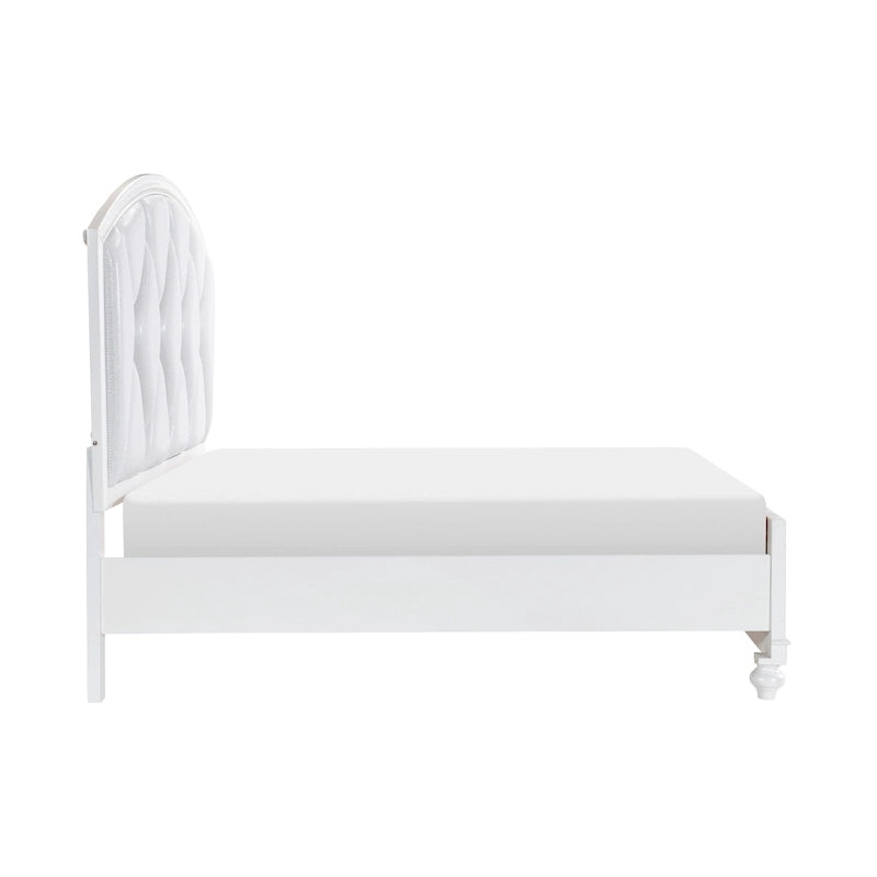 Queen Platform Bed, LED Accents, Silver Faux Leather Upholstery, White