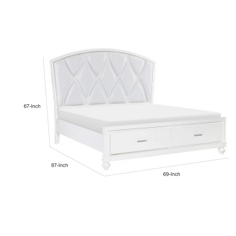 Queen Platform Bed, LED Accents, Silver Faux Leather Upholstery, White