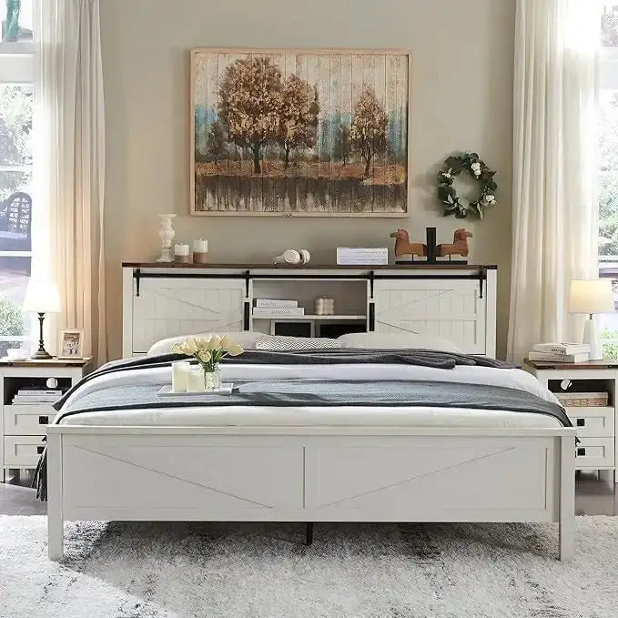 Bettgestell im Landhausstil für Kingsize-Bett mit Ablagefächern und Ladestation