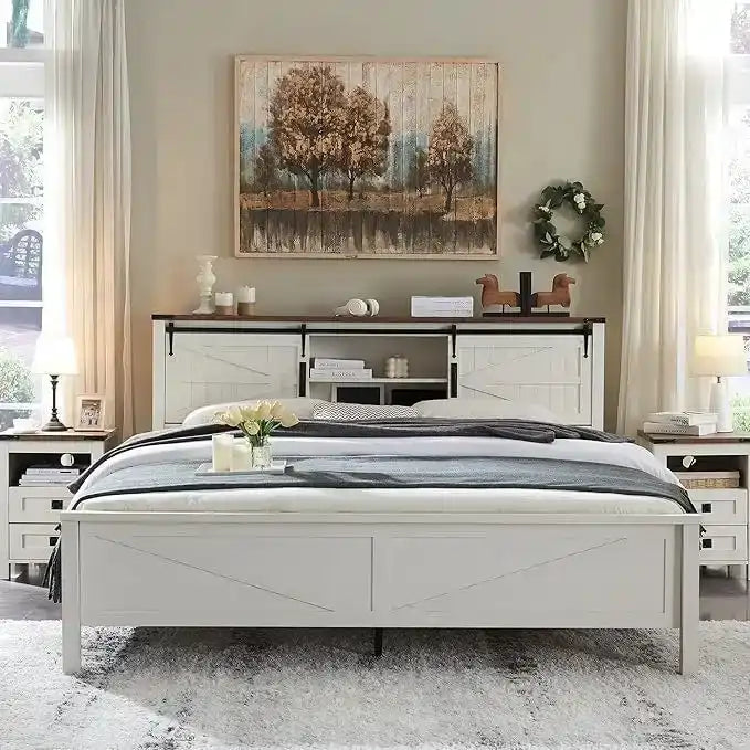 Bettgestell im Landhausstil für Kingsize-Bett mit Ablagefächern und Ladestation