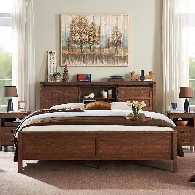 Bettgestell im Landhausstil für Kingsize-Bett mit Ablagefächern und Ladestation