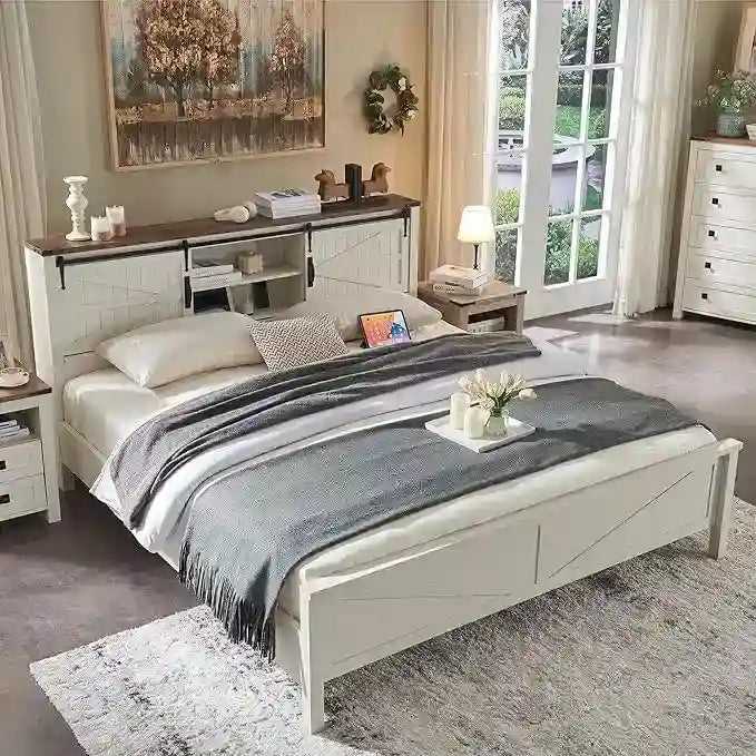 Bettgestell im Landhausstil für Kingsize-Bett mit Ablagefächern und Ladestation