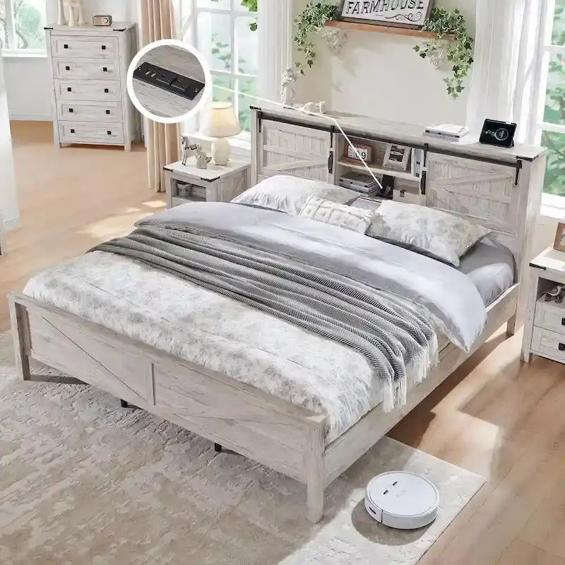 Bettgestell im Landhausstil für Kingsize-Bett mit Ablagefächern und Ladestation