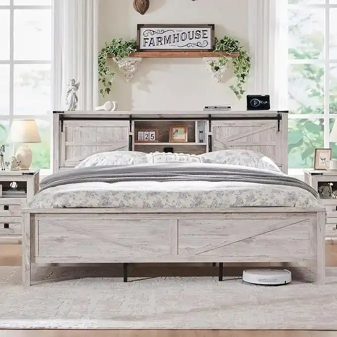 Bettgestell im Landhausstil für Kingsize-Bett mit Ablagefächern und Ladestation