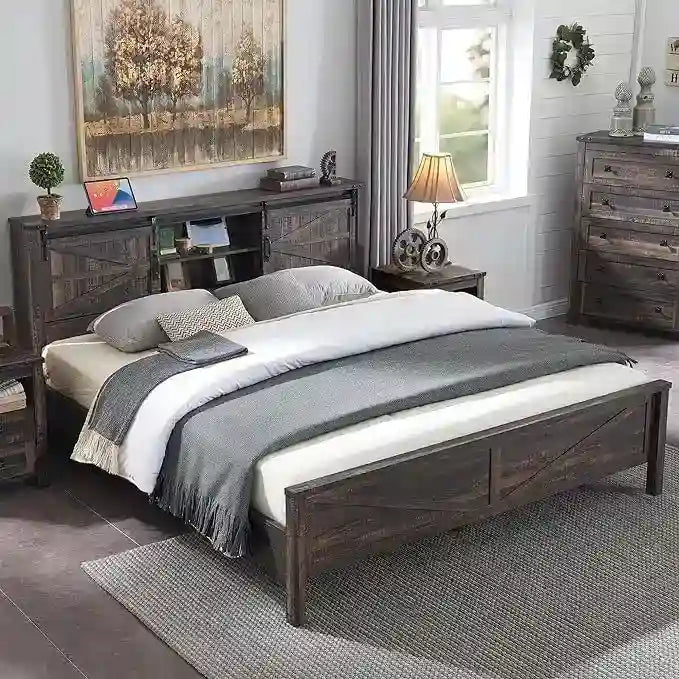 Bettgestell im Landhausstil für Kingsize-Bett mit Ablagefächern und Ladestation