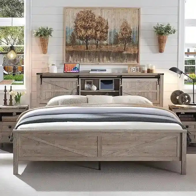 Bettgestell im Landhausstil für Kingsize-Bett mit Ablagefächern und Ladestation