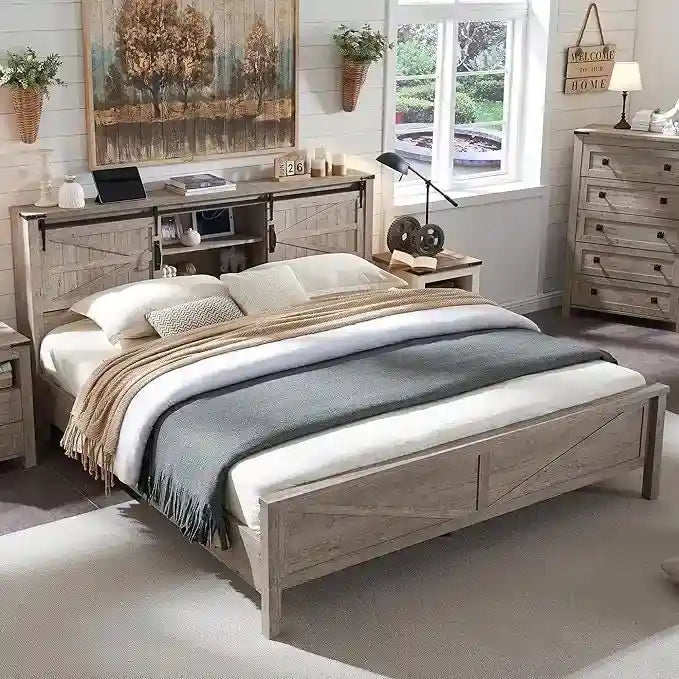 Bettgestell im Landhausstil für Kingsize-Bett mit Ablagefächern und Ladestation