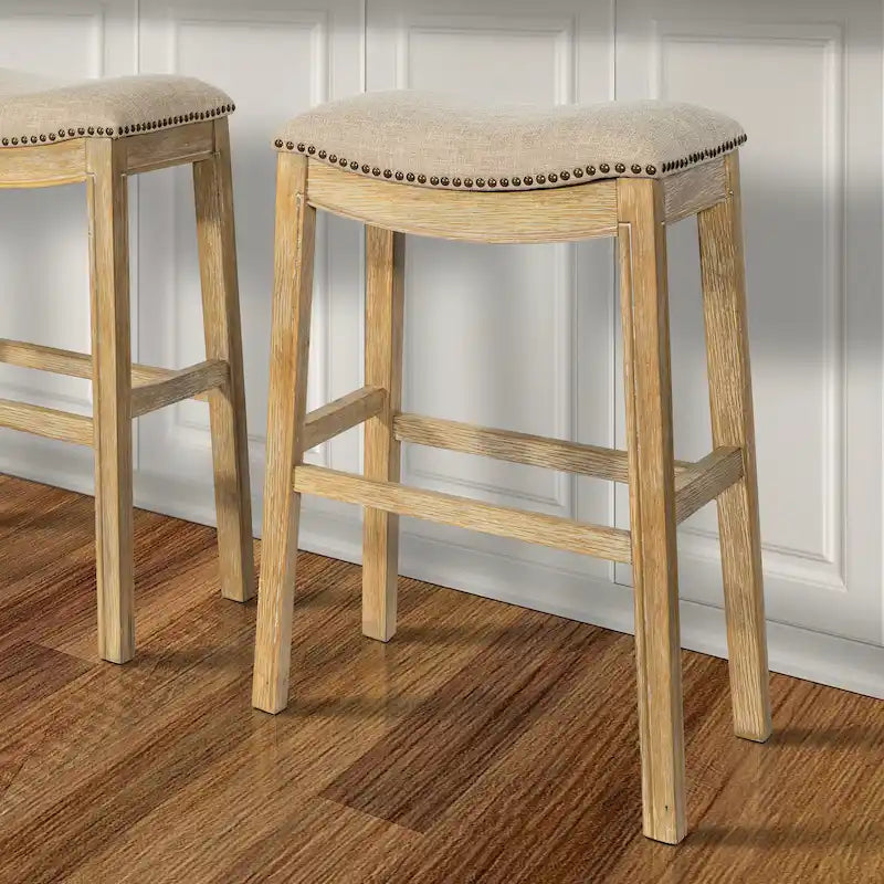 Saddle-Seat Wood Bar Stool with Upholstered Seat