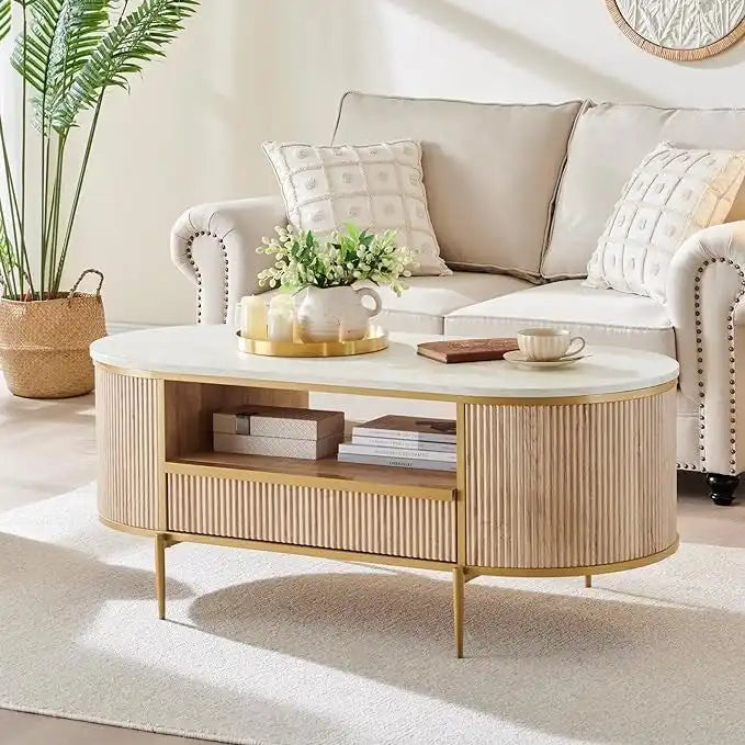 Modern Luxury Fluted Coffee Table, Center Table with Faux Marble Top