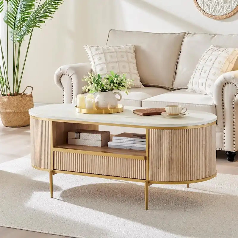 Modern Luxury Fluted Coffee Table, Center Table with Faux Marble Top