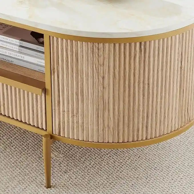 Modern Luxury Fluted Coffee Table, Center Table with Faux Marble Top