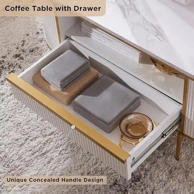 Modern Luxury Fluted Coffee Table, Center Table with Faux Marble Top