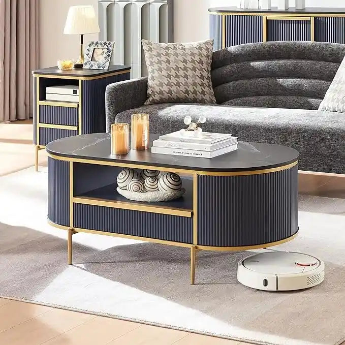 Modern Luxury Fluted Coffee Table, Center Table with Faux Marble Top