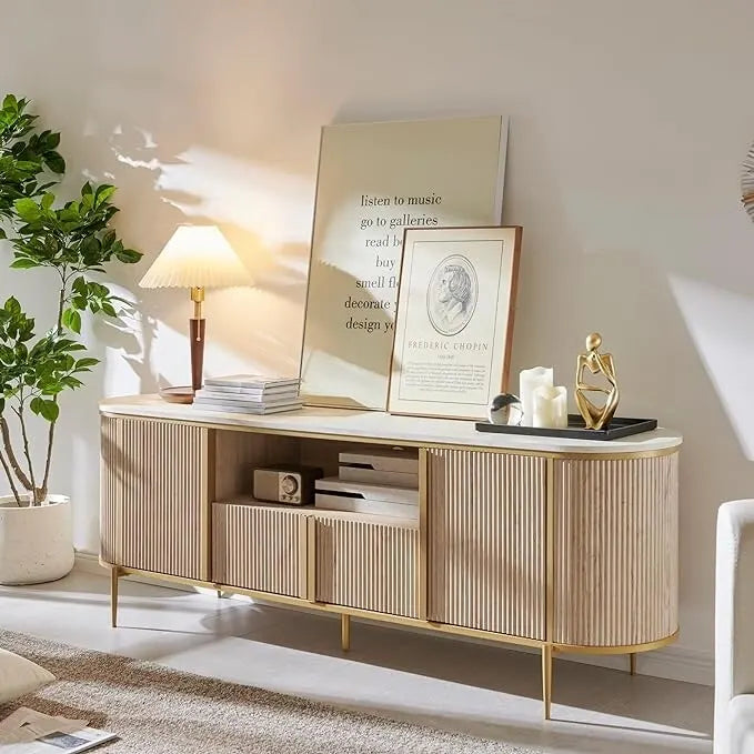Moderní luxusní televizní stolek, centrum domácí zábavy s horní deskou z imitace mramoru