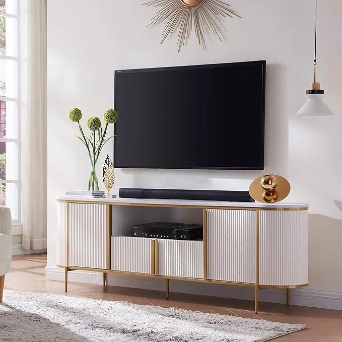 Moderní luxusní televizní stolek, centrum domácí zábavy s horní deskou z imitace mramoru