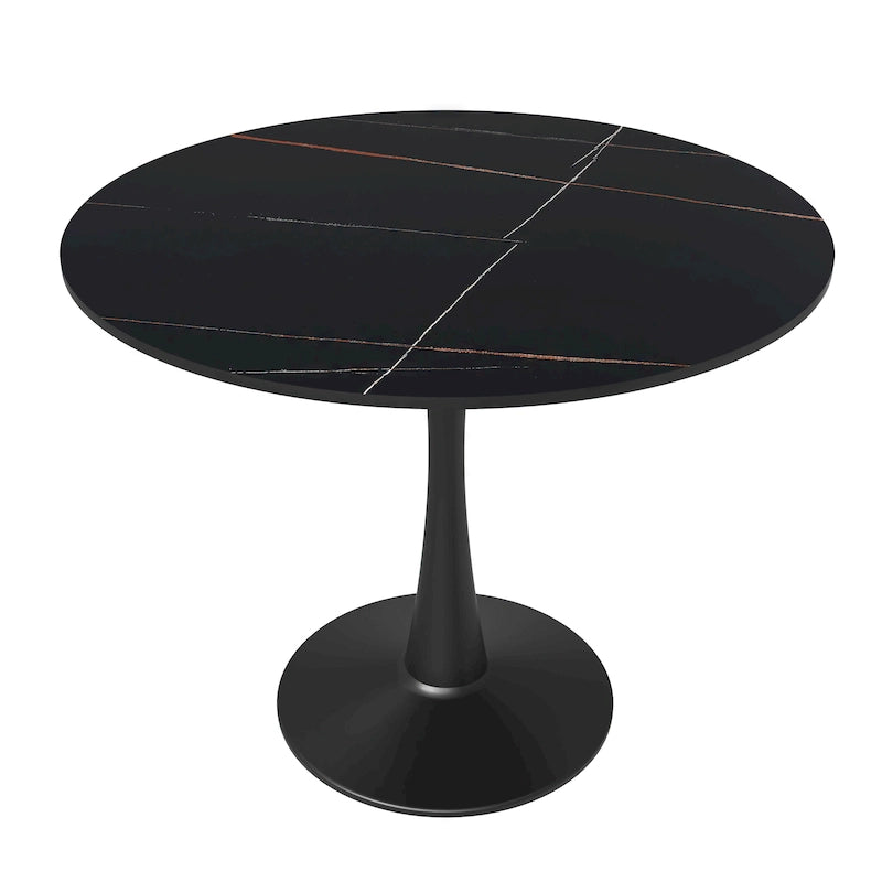 35 Round Dining Table for 4 with Sintered Stone Tabletop in Black Base for Kitchen & Dining Room