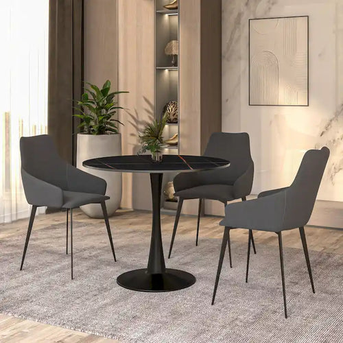 35 Round Dining Table for 4 with Sintered Stone Tabletop in Black Base for Kitchen & Dining Room