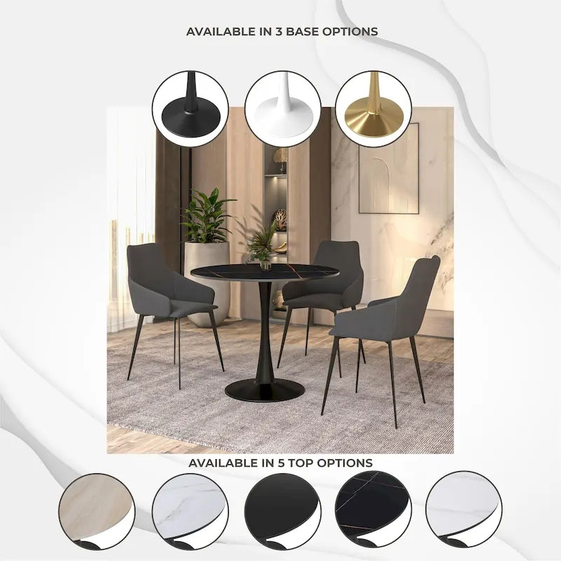 35 Round Dining Table for 4 with Sintered Stone Tabletop in Black Base for Kitchen & Dining Room